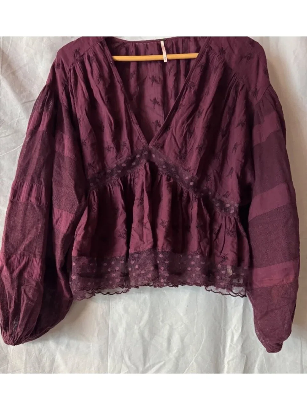 Free People Sheer Embroidered Boho Peplum Blouse With Lace Hem & V-Neck